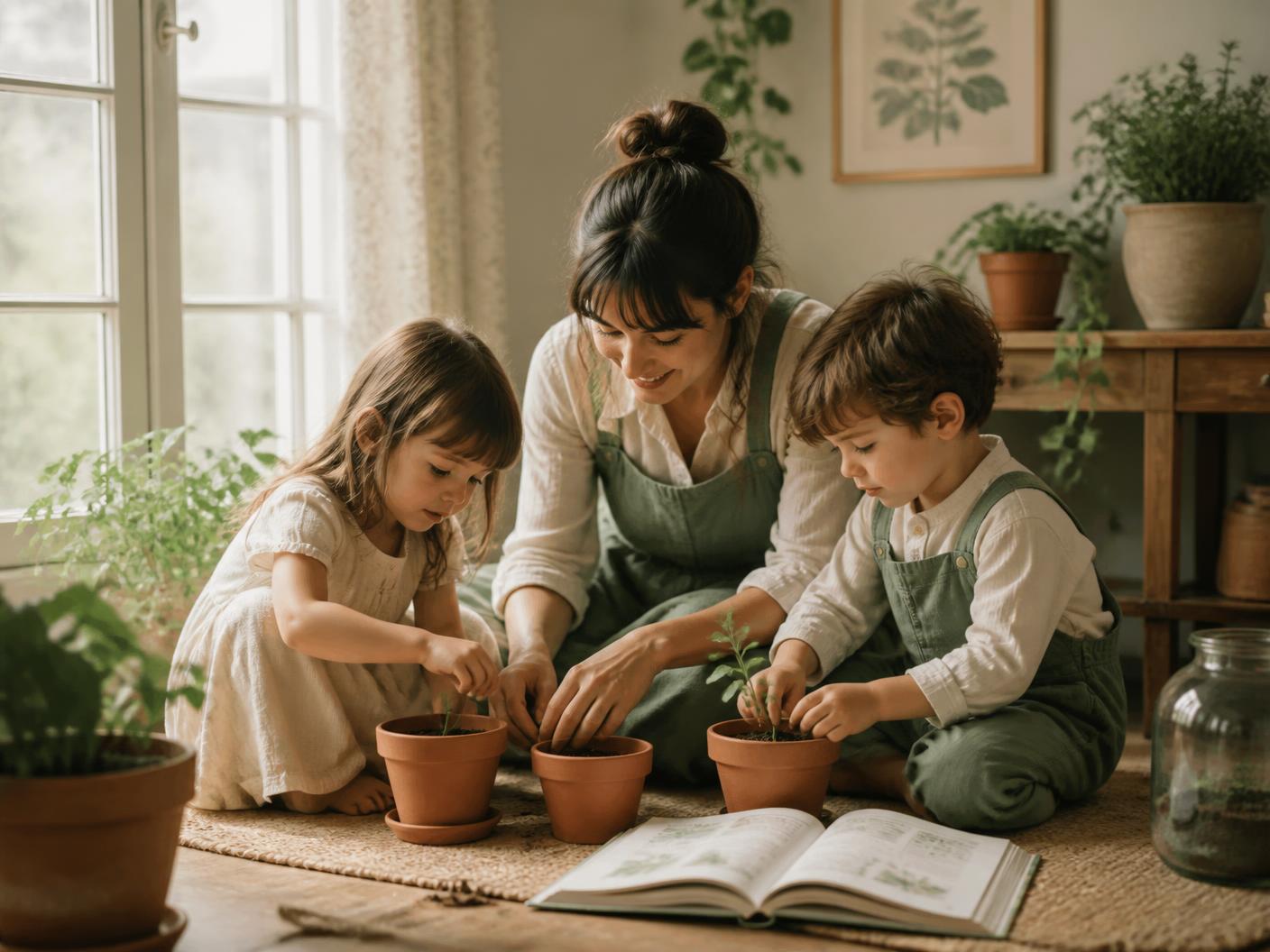 Un parent et deux enfants lisant ensemble un livre d'histoires bibliques par un matin ensoleillé